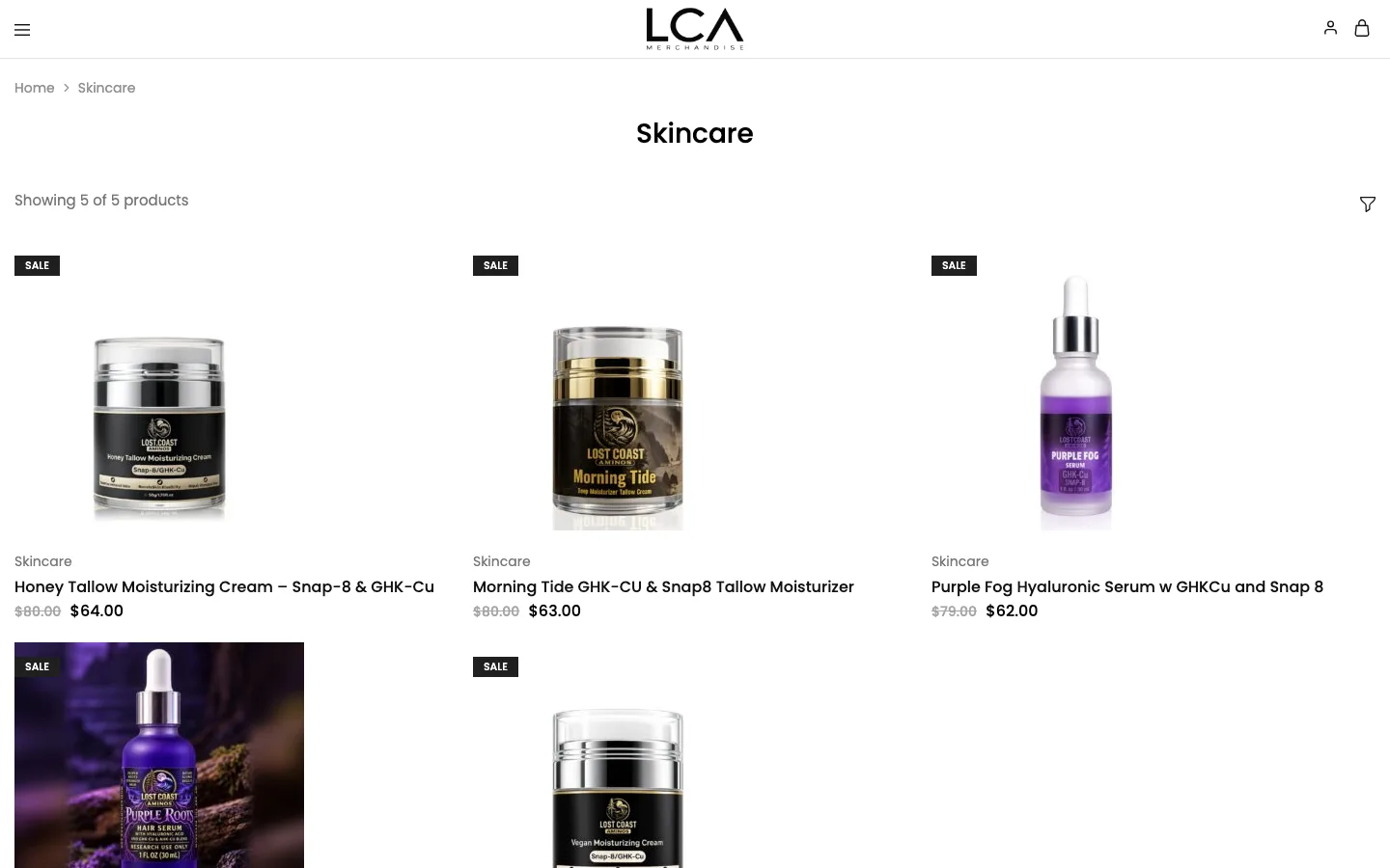 LCA Merchandise skincare category page